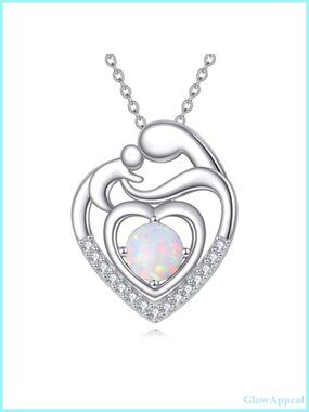 Opal Birthstone Necklace Double Heart 925 Sterling Silver Mom Gift 18+2 In